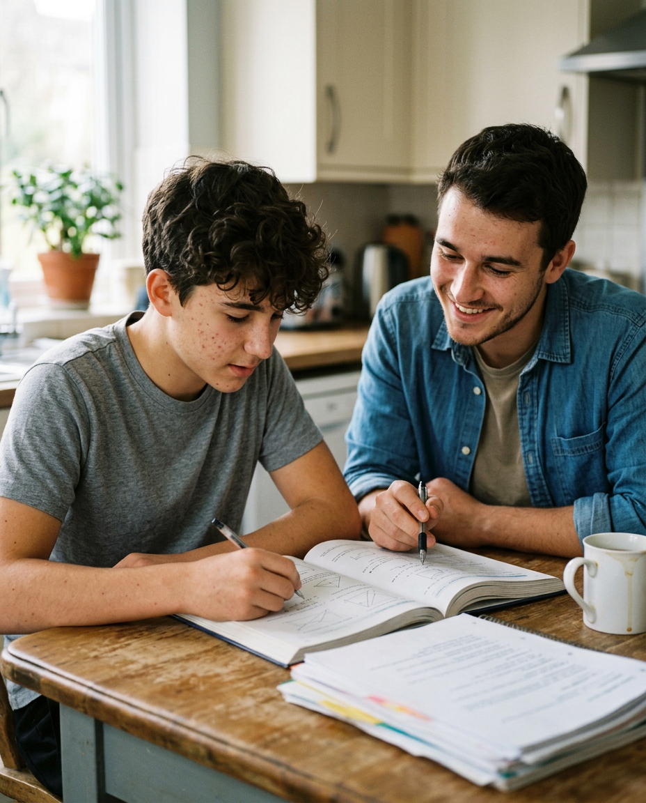 Student looking up to their tutor during an at-home lesson